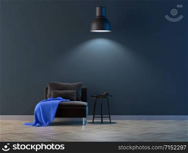 A lamp hangs above the armchair and a blank wall in the background