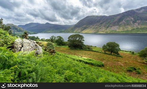 A landscape view of Crummock Water, one of the lakes in the Lake District, Cumbria, United Kingdom.