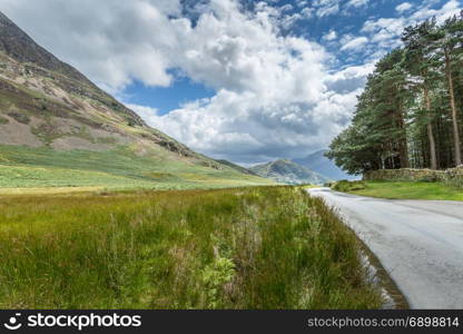 A landscape view of the area around Crummock Water, one of the lakes in the Lake District, Cumbria, United Kingdom.