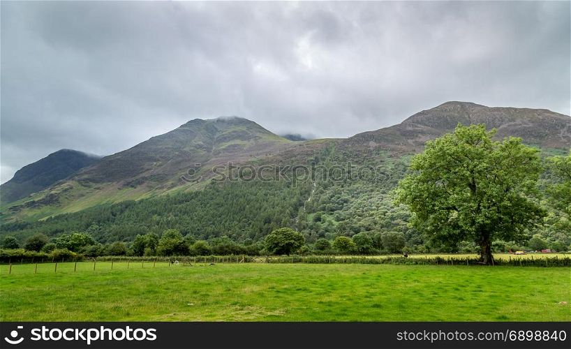 A landscape view of the area around Crummock Water, one of the lakes in the Lake District, Cumbria, United Kingdom.