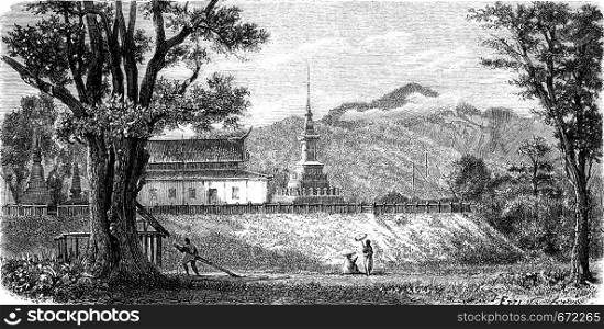 A Lao Pagoda (Wat Luang Prabang Tomea Soc), vintage engraved illustration. Le Tour du Monde, Travel Journal, (1872).