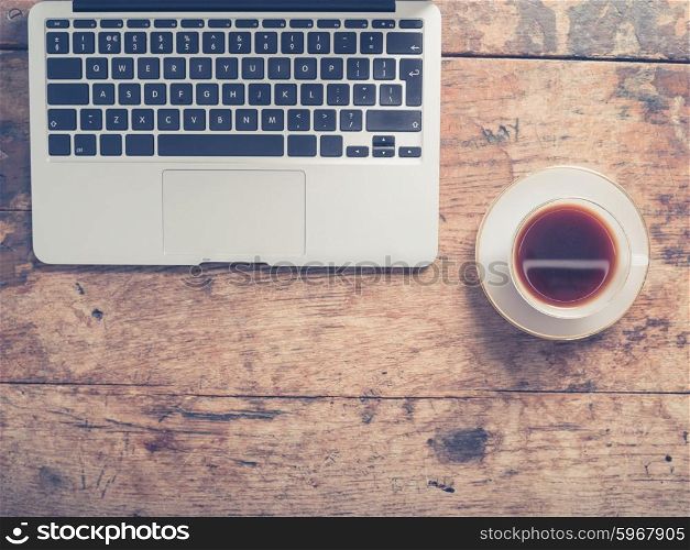 A laptop and a cup of coffee on a wooden table