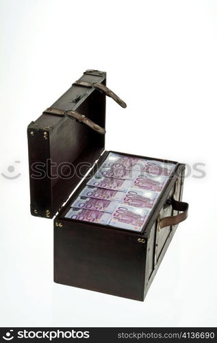 a large chest with euro banknotes. financial crisis, crisis, debt.