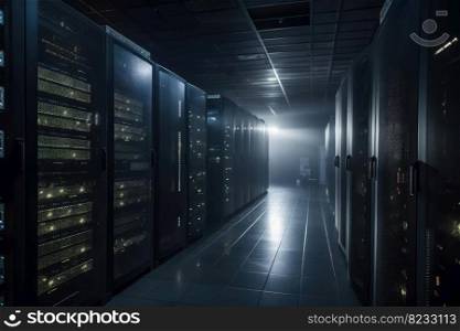 A large data centre with many computer racks in dark light with some fog created with generative AI technology