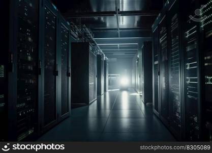 A large data centre with many computer racks in dark light with some fog created with generative AI technology