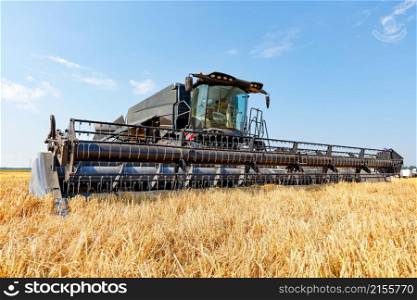 A large harvester during the harvest against the backdrop of a wheat field and blue sky. Low angle shooting. Closeup, copy space.. A large combine harvester against the background of a field of ripe wheat on a bright sunny day.