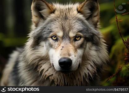 A large male gray wolf in the forest. Generative AI