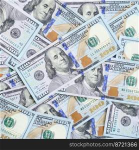 A large number of US dollar bills of a new design with a blue stripe in the middle. Top view.. A large number of US dollar bills of a new design with a blue stripe in the middle. Top view