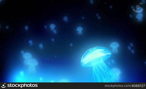 A large numbers of blue glowing fluorescent jellyfish