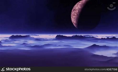 A large planet (moon) flies through the dark starry sky. Beneath the mountains, hills, lowlands and lakes alien planet. Thick white-blue mist covers the surface. The moon reflected in the lake.