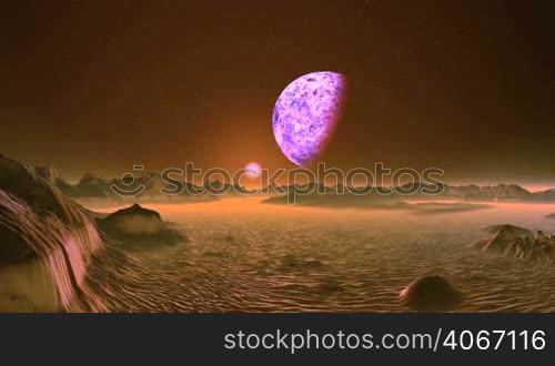 A large planet (moon) slowly rotates on a dark starry sky. Over the misty horizon, a bright pink sun rises rapidly. Desert and rocks are painted in pink.