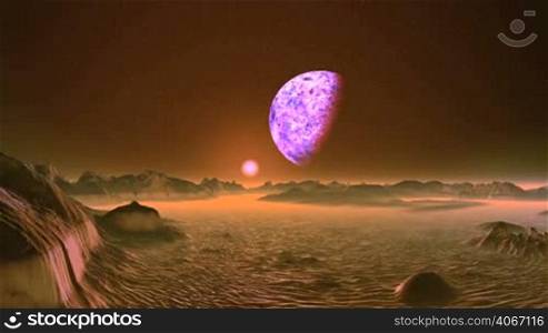 A large planet (moon) slowly rotates on a dark starry sky. Over the misty horizon, a bright pink sun rises rapidly. Desert and rocks are painted in pink.