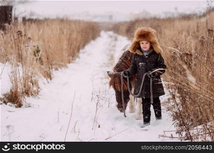 A large portrait of a girl in a fur hat and a red-and-white pony.. Girls and ponies among the winter reed 3107s