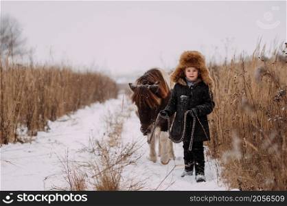 A large portrait of a girl in a fur hat and a red-and-white pony.. Girls and ponies among the winter reed 3104s