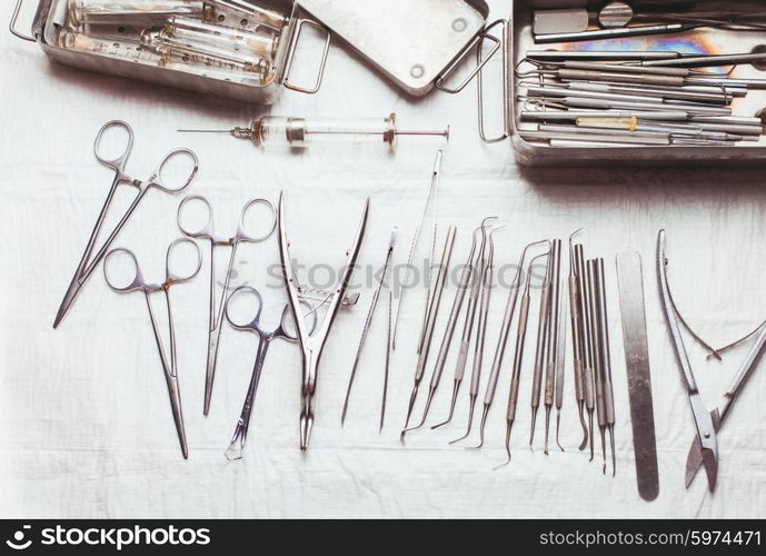 A large set of vintage dental instruments. Vintage dental instruments