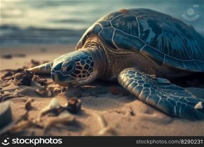 A large turtle drags itself onto a beach created with generative AI technology