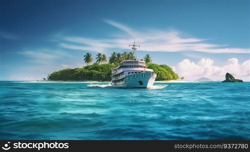 A large yacht sails on the sea in the morning sun, a tropical island with palm trees. Marine tourism, family vacation. AI generated.. A large yacht sails on the sea in the morning sun, a tropical island with palm trees. AI generated.