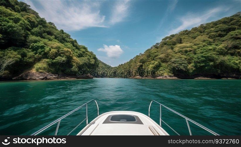 A large yacht sails on the sea in the suny day, a tropical island with palm trees. Marine tourism, family vacation. AI generated.. Nose of tourist yacht floats on sea, background of tropical island. AI generated.