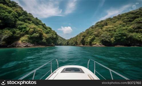 A large yacht sails on the sea in the suny day, a tropical island with palm trees. Marine tourism, family vacation. AI generated.. Nose of tourist yacht floats on sea, background of tropical island. AI generated.