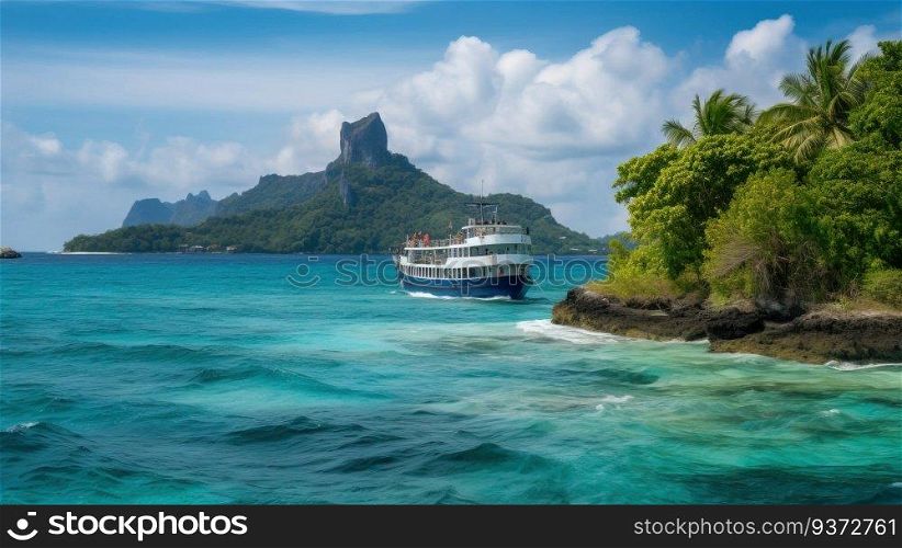 A large yacht sails on the sea in the suny day, a tropical island with palm trees. Marine tourism, family vacation. AI generated.. A large yacht sails on the sea in the morning sun, a tropical island with palm trees. AI generated.