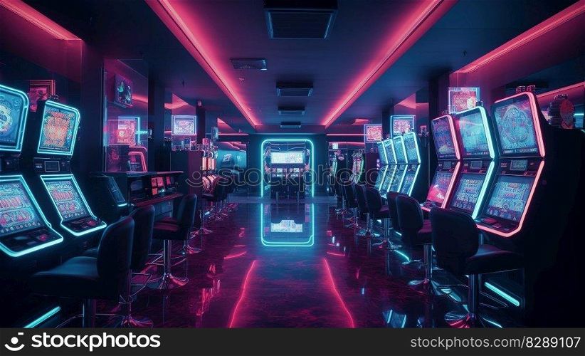 A Lavish Casino Interior with Abundant Slot Machines. Generative AI