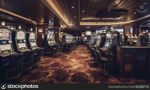 A Lavish Casino Interior with Abundant Slot Machines. Generative AI