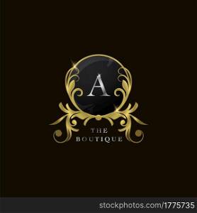 A Letter Golden Circle Shield Luxury Boutique Logo, vector design concept for initial, luxury business, hotel, wedding service, boutique, decoration and more brands.