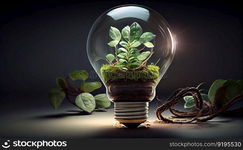 A light bulb growing into a beautiful tree from soil showcases the creative concept of renewable energy and nature conservation, promoting a sustainable planet for future generations. Ai Generative