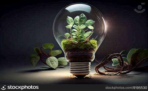 A light bulb growing into a beautiful tree from soil showcases the creative concept of renewable energy and nature conservation, promoting a sustainable planet for future generations. Ai Generative