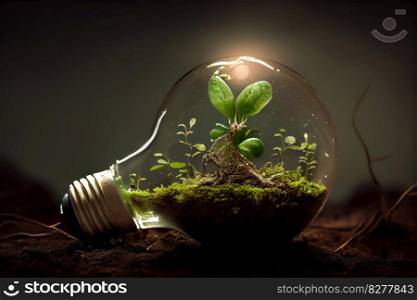 A light bulb growing into a tree from soil represents the creative concept of renewable energy and nature conservation. Ai Generative