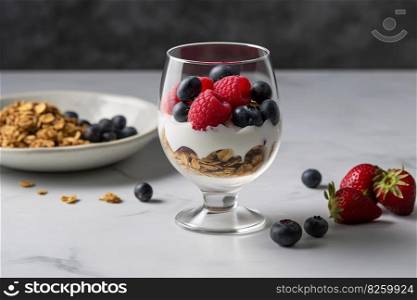 A light, refreshing breakfast of Greek yogurt, topped with a variety of fresh berries, honey, and granola, served in a glass parfait dish on a minimalist, marble tabletop. Generative AI.