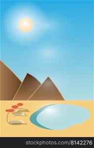 a light sketch of a desert landscape with mountains in hot summer near a pool, a pond. vector illustration