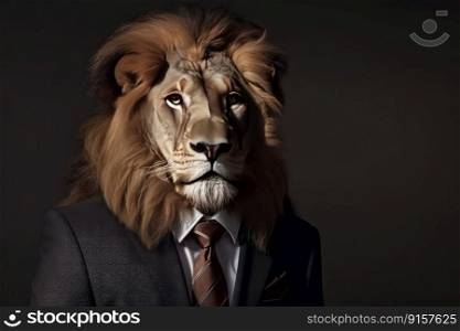 A lion dressed in formal attire, including a suit and tie by generative AI
