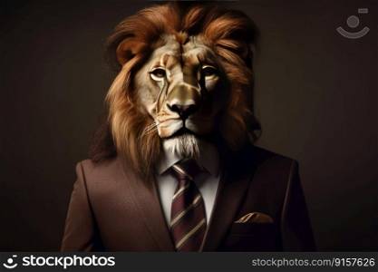 A lion dressed in formal attire, including a suit and tie by generative AI