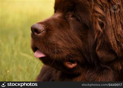 A litt≤πnk tongue sticking out of the mouth of a lar≥brown Newfoundland dog.