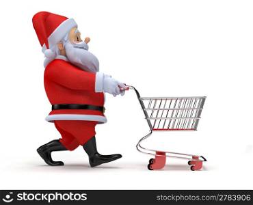 a little 3d santa with his shopping cart