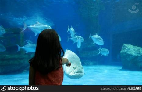A little asian girl pointing fish swimming in a tank at aquarium.