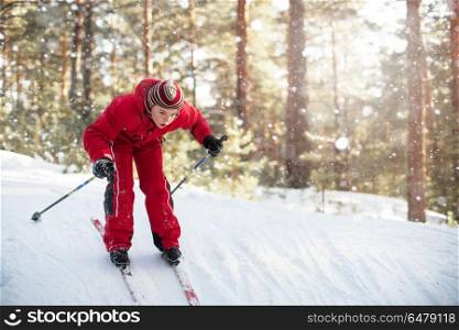 A little boy in red clothes is skiing in a pine forest. skiing in the forest