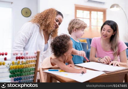 A little child&rsquo;s imagination is represented through colored pencil drawings, with the mother attentively supervising in the living room of the house.
