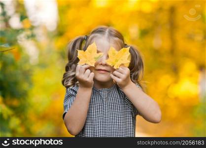 A little daughter is playing with autumn leaves in the park.. A child throws up autumn leaves 3384.