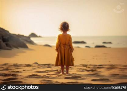 A little girl is standing on the sandy beach and looking towards the sea, generative ai