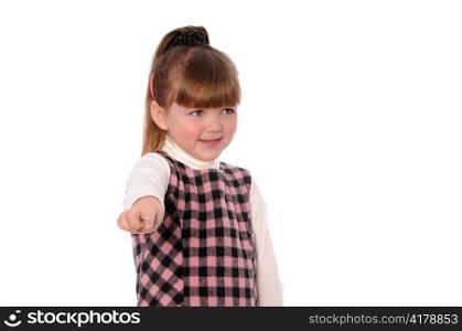 A little girl shows a hand something