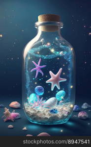 A little piece of marine ecosystem inside a bottle at the bottom of the sea. Amazing image. Generative AI