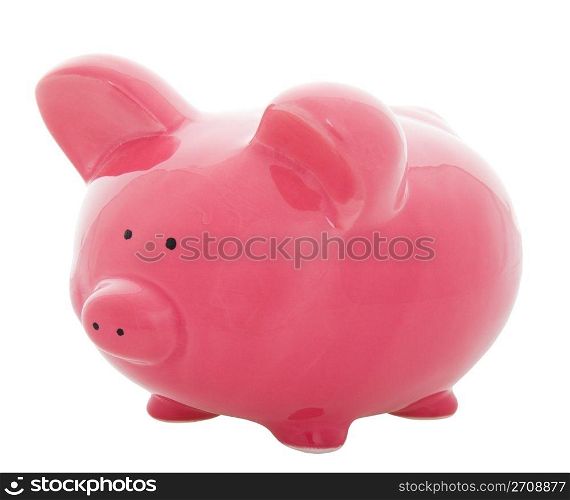 A little, pink piggy bank on a white background.