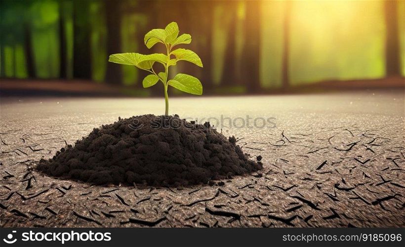 A little tree has emerged from a hole in the ground. Generative AI.