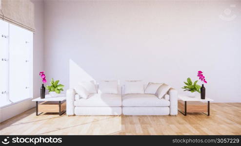 A living room with a sofa in a minimalist style White tropical style living room with wood grain floor.3D rendering