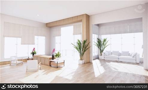 A living room with a sofa in a minimalist style White tropical style living room with wood grain floor.3D rendering