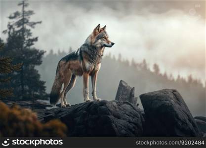 A lo≠wolf standing on a rocky mountain. distinct≥≠rative AI ima≥.. A lo≠wolf standing on a rocky mountain