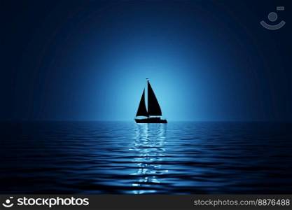 A lone silhouette sailboat on a calm blue sea. 3d illustration