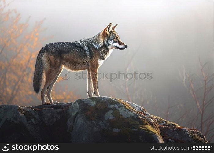 A lone wolf standing on a rocky mountain. distinct generative AI image.. A lone wolf standing on a rocky mountain